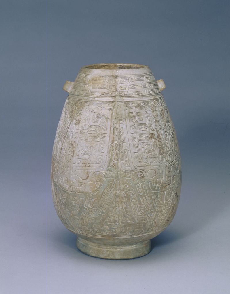 图片[1]-White pottery carving taotie double-eared pot-China Archive